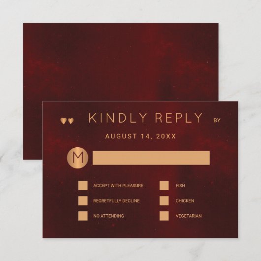 Donkere bordeaux metallic koper bruiloft maaltijd RSVP kaartje (Voorkant / Achterkant)