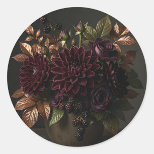 Donkere bordeauxrode dahlia roos stilleven ronde sticker