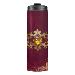 Donkere bordeauxrode en gouden edelsteenmonogram thermosbeker