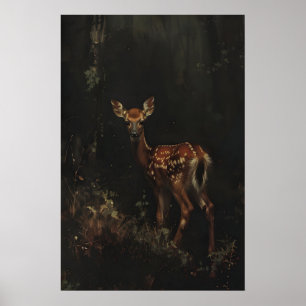 Donkere bos hertenjong kunst afdrukbaar, boslandsc poster
