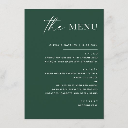 Donkere bosgroene bruiloft | Modern schrifttype bo Menu (Voorkant)