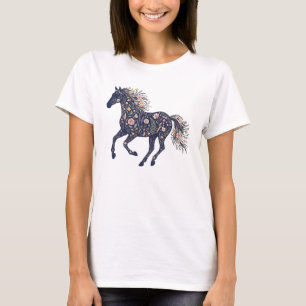 Donkere botanische bloem lopend paard t-shirt