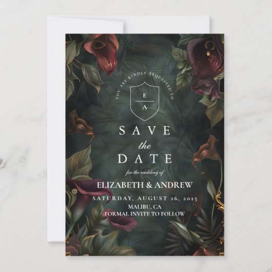 Donkere botanische bruiloft esthetiek save the date (Voorkant)