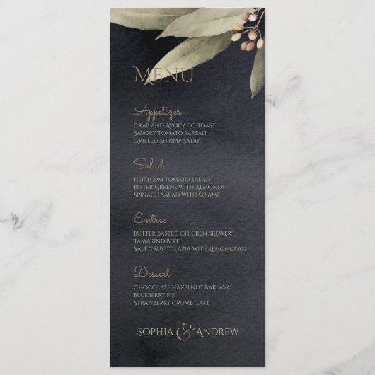 Donkere botanische  bruine bruiloft menu (Voorkant)