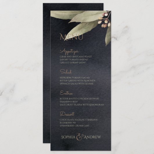 Donkere botanische  bruine bruiloft menu (Voorkant / Achterkant)