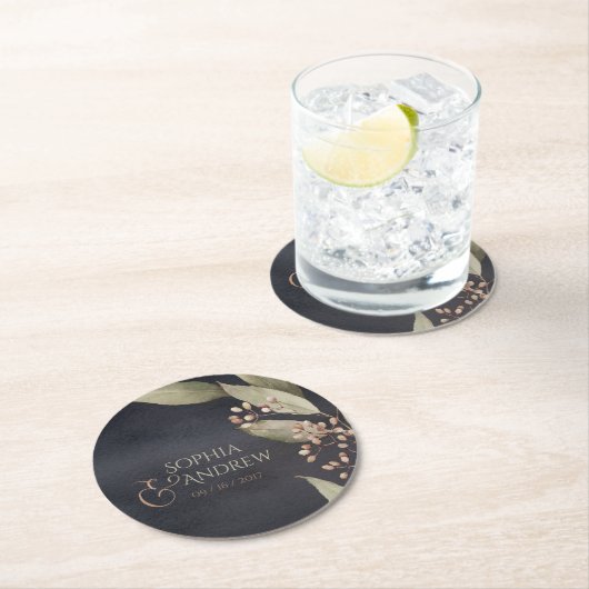 Donkere botanische  bruine bruiloft ronde kartonnen onderzetter (Insitu)