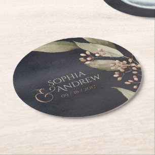 Donkere botanische  bruine bruiloft ronde kartonnen onderzetter