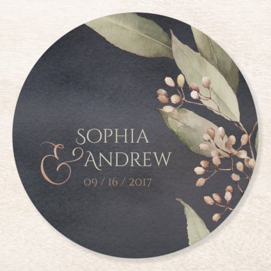 Donkere botanische  bruine bruiloft ronde kartonnen onderzetter (Voorkant)