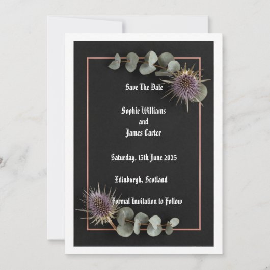 Donkere Botanische Distel Eucalyptus Trouw Save th The Date (Voorkant)
