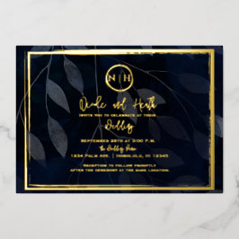 Donkere botanische elegante marineblauwe en gouden folie uitnodiging