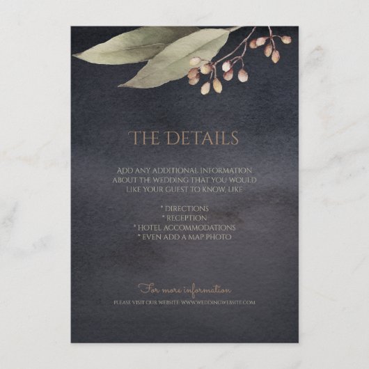 Donkere botanische groen  rustieke detailkaart informatiekaartje (Voorkant)