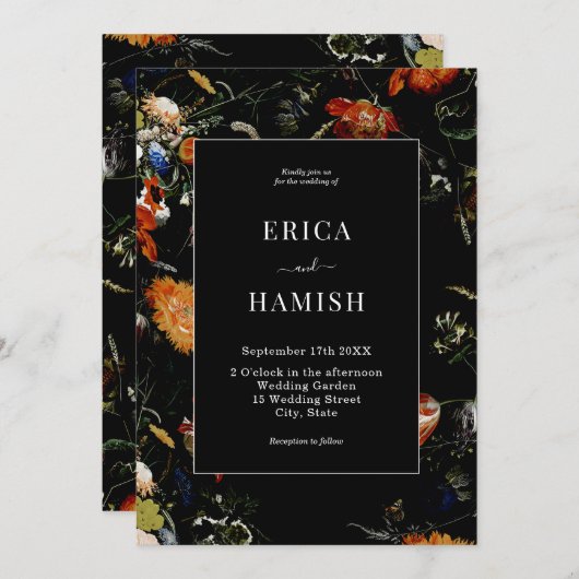 Donkere Botanische Romantische Bloemige Bruiloft Kaart (Voorkant / Achterkant)