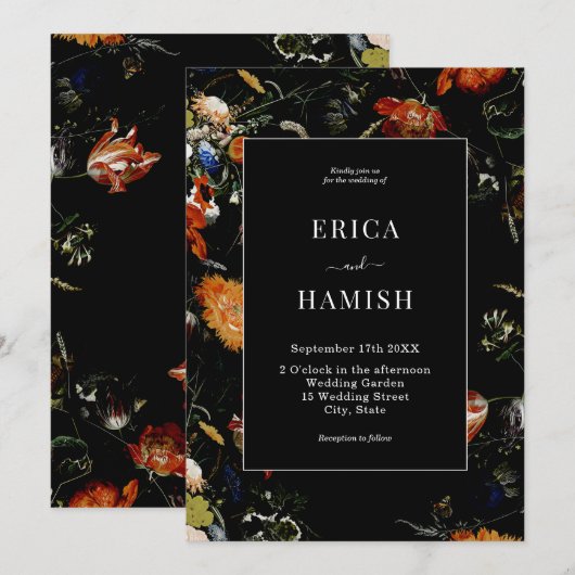Donkere botanische Romantische Florale bruiloft Kaart (Voorkant / Achterkant)