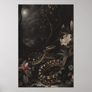 Donkere Botanische Slang Kunstprint Bloemige Repti Poster