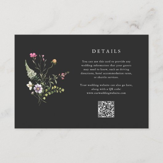 Donkere Botanische Wildbloemen Bruiloft Details QR Informatiekaartje (Voorkant)