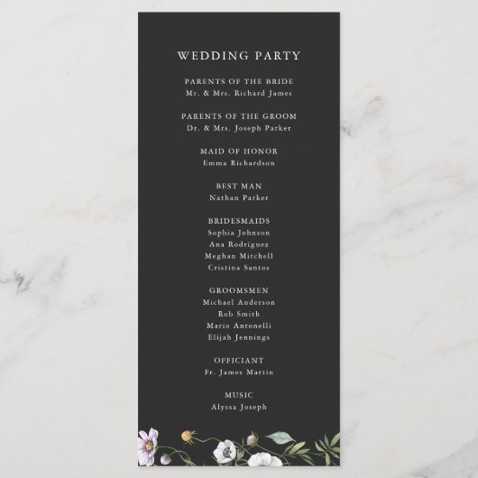Donkere Botanische Wildbloemen | Elegante bruiloft Programmakaart (Achterkant)