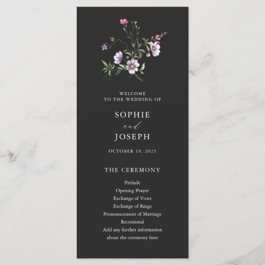 Donkere Botanische Wildbloemen | Elegante bruiloft Programmakaart (Voorkant)