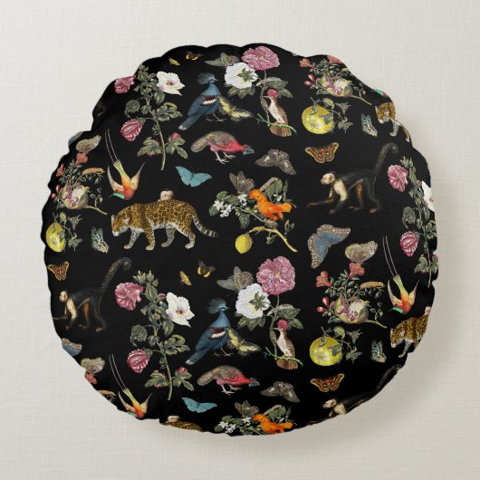 Donkere Botanische Wilde Dieren in Bos Rond Kussen (Voorkant)