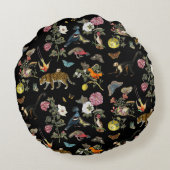 Donkere Botanische Wilde Dieren in Bos Rond Kussen (Achterkant)