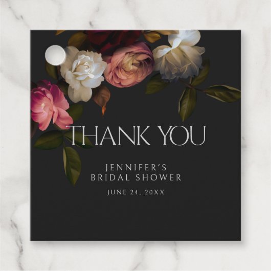 Donkere Bourgogne & Crème Pioenen Zwarte Douche Bedankjes Labels (Voorkant)