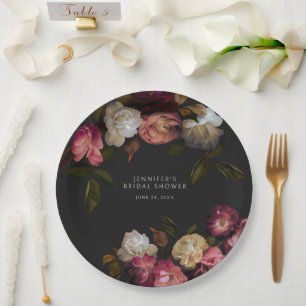 Donkere Bourgogne & Crème Pioenen Zwarte Douche Papieren Bordje