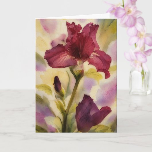 Donkere Bourgondische rode bloemen Iris Garden Art Kaart (Orchidee)