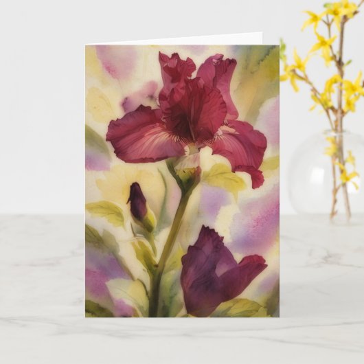 Donkere Bourgondische rode bloemen Iris Garden Art Kaart (Gele Bloem)
