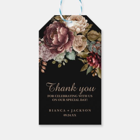 Donkere Bourgondische Waterverf Bloemen Huwelijksg Cadeaulabel (Voorkant)