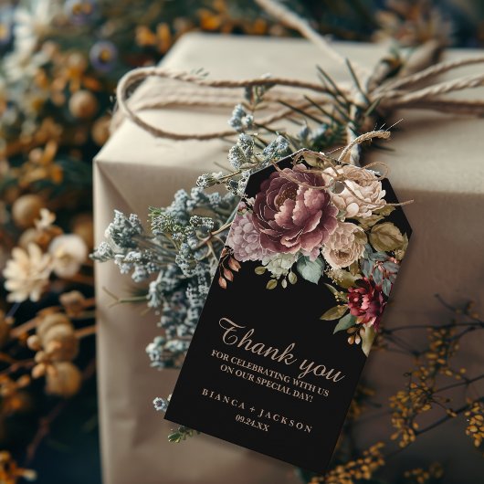 Donkere Bourgondische Waterverf Bloemen Huwelijksg Cadeaulabel