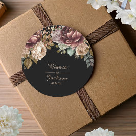 Donkere Bourgondische Waterverf Bloemen Huwelijksg Ronde Sticker