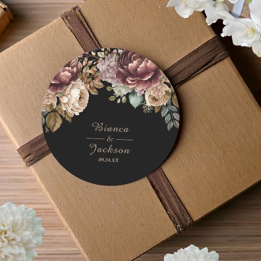 Donkere Bourgondische Waterverf Bloemen Huwelijksg Ronde Sticker