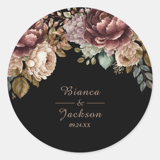 Donkere Bourgondische Waterverf Bloemen Huwelijksg Ronde Sticker (Voorkant)