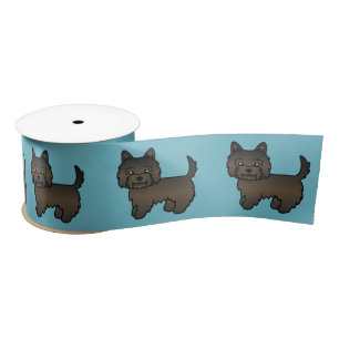 Donkere Brindle Cairn Terrier Cartoon Hond Op Blau Satijnen Lint