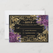 Donkere bruiloft Deep Paarse Floral Gold RSVP Kaartje (Voorkant)
