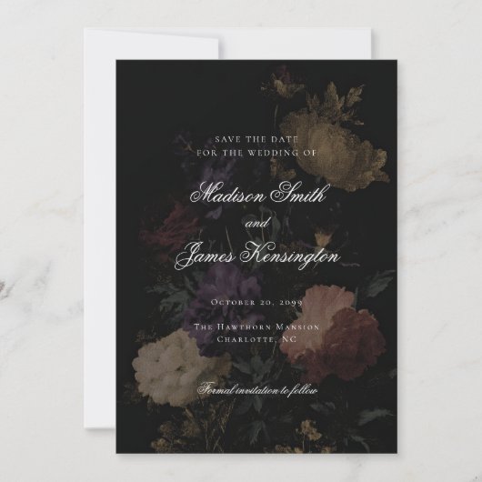Donkere bruiloft Romantische Moody Bloemen Schilde Save The Date (Voorkant)