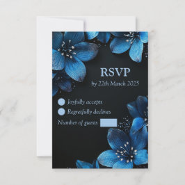 Donkere bruiloft RSVP kaart glitter blauwe bloemen