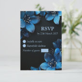Donkere bruiloft RSVP kaart glitter blauwe bloemen (Staand voorkant)