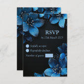 Donkere bruiloft RSVP kaart glitter blauwe bloemen (Voorkant / Achterkant)