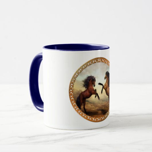 Donkere bruine en lichte bruine ontwerppaarden mok (Voorkant links)