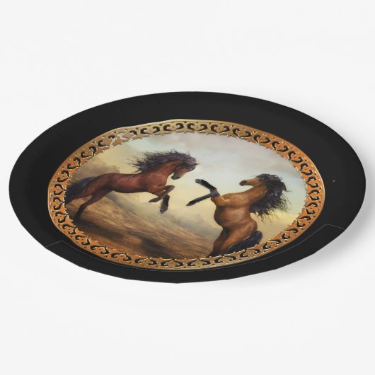 Donkere bruine en lichte bruine ontwerppaarden papieren bordje (Gekanteld)