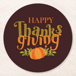 Donkere bruine Herfst Happy Thanksgiving Yellow Pu Ronde Kartonnen Onderzetter
