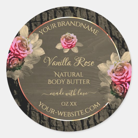 Donkere bruine-houten korrels roze rozen productet ronde sticker (Voorkant)