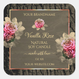 Donkere bruine-houten korrels roze rozen productet vierkante sticker