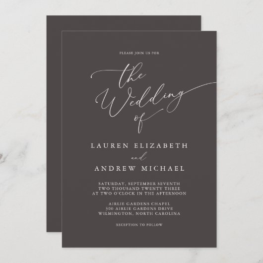 Donkere bruine minimalistische uitnodiging tot huw (Voorkant / Achterkant)