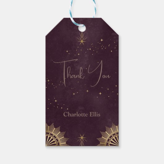 Donkere Burgundy Kleur Hemelse Zon en Maan Bruidsb Cadeaulabel (Voorkant)