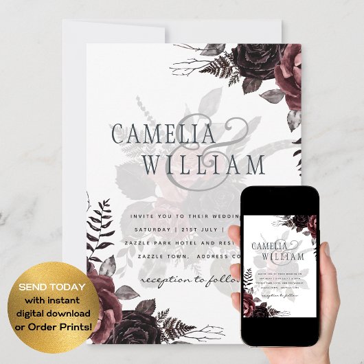 Donkere Burgundy Zwarte Rozen Bruiloft Herfst Wint Kaart