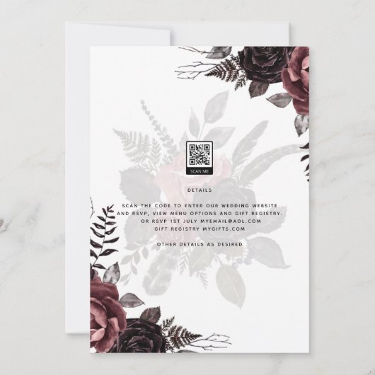 Donkere Burgundy Zwarte Rozen Bruiloft Herfst Wint Kaart (Achterkant)