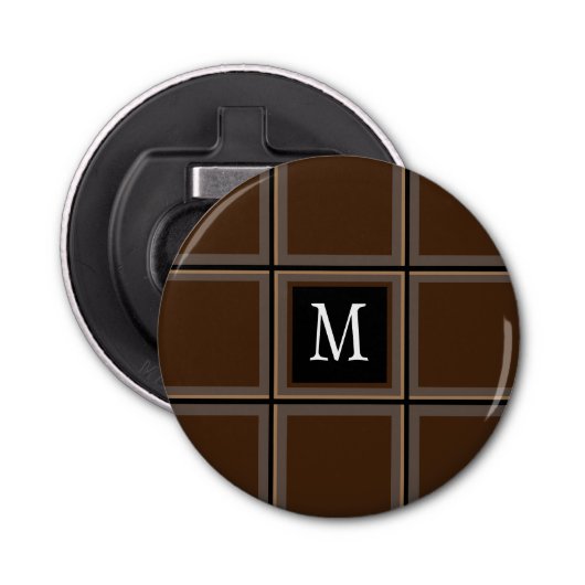 Donkere chocolade bruin, aangepast Initiaal gestre Button Flesopener (Voorkant)