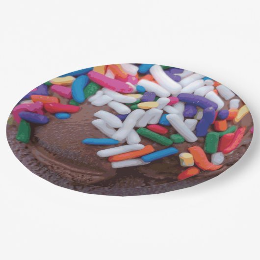 Donkere chocolade-ijs met regenboogspringen papieren bordje (Gekanteld)