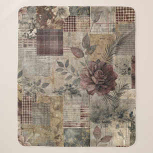 Donkere Cottage Bloemige Patchwork -Bordeauxrood & Sherpa Deken